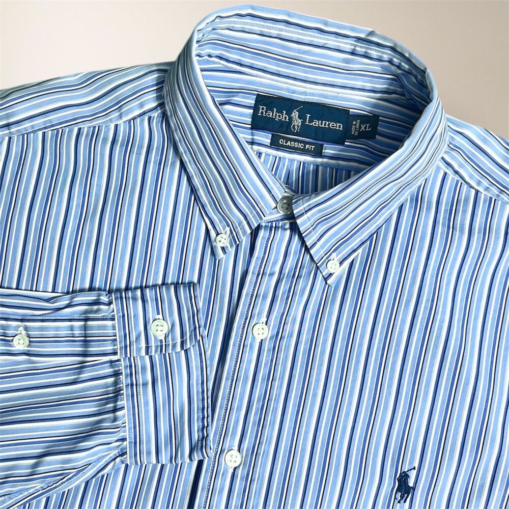 Polo Ralph Lauren XL Blue White Striped Classic Fit‎ Cotton Button Down Shirt